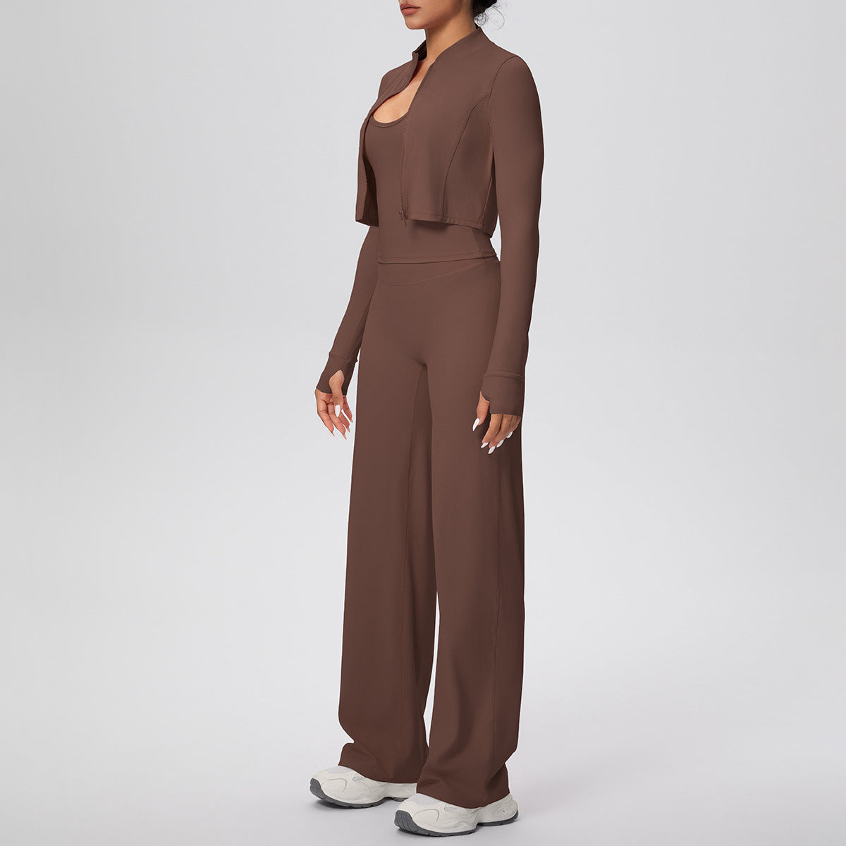 Solid Color Sports Zip Long Sleeve Coat Strap Vest Baggy Straight Trousers Workout Clothes Yoga Three Piece Set