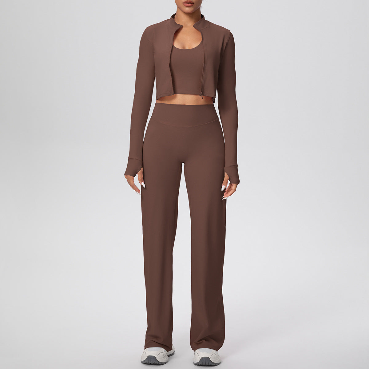 Solid Color Sports Zip Long Sleeve Coat Halterneck Vest Baggy Straight Trousers Workout Clothes Yoga Three Piece Suit