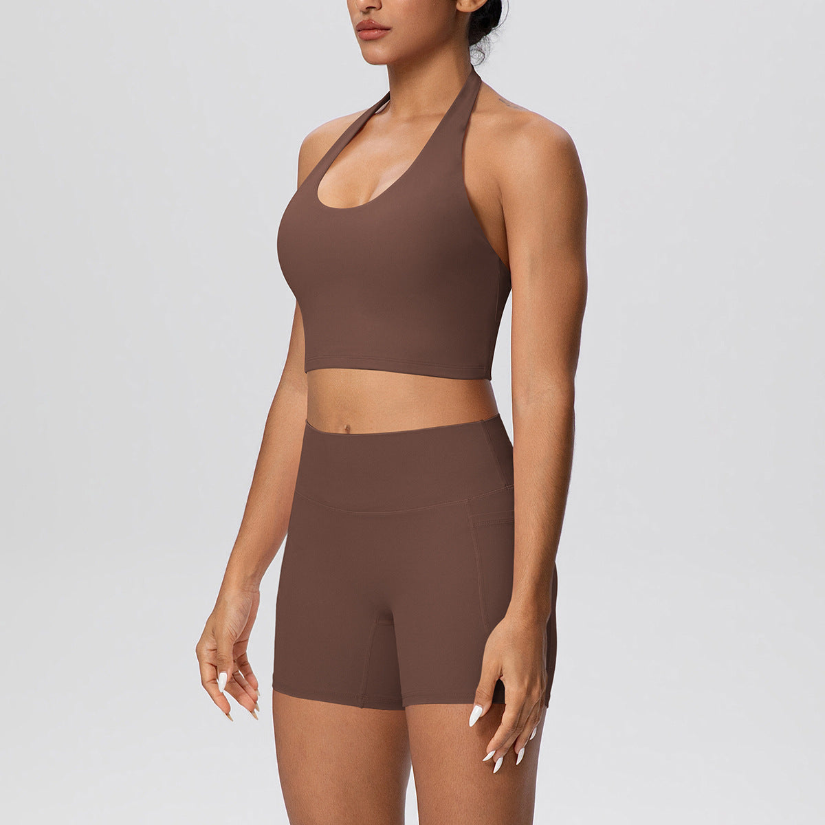 Solid Color Halter Beauty Back Exercise Bra Gathering Vest Pocket Sports Shorts Fitness Pants Yoga Set