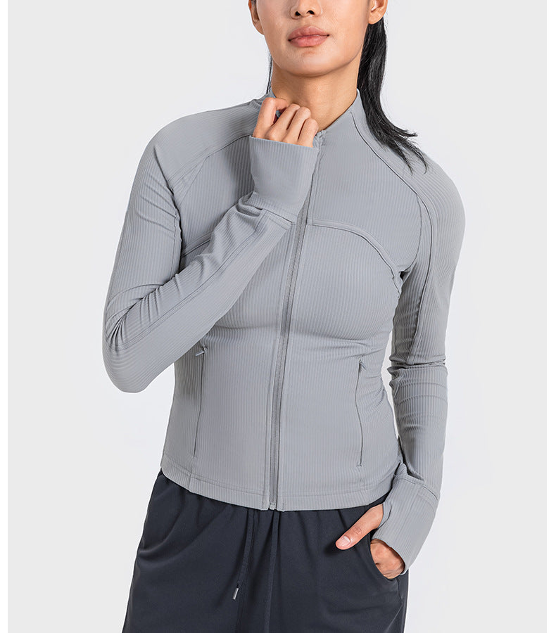 Vertical Rib High Elastic Tight Wicking Wet Yoga Jacket Sports Running Zipper Short Jacket