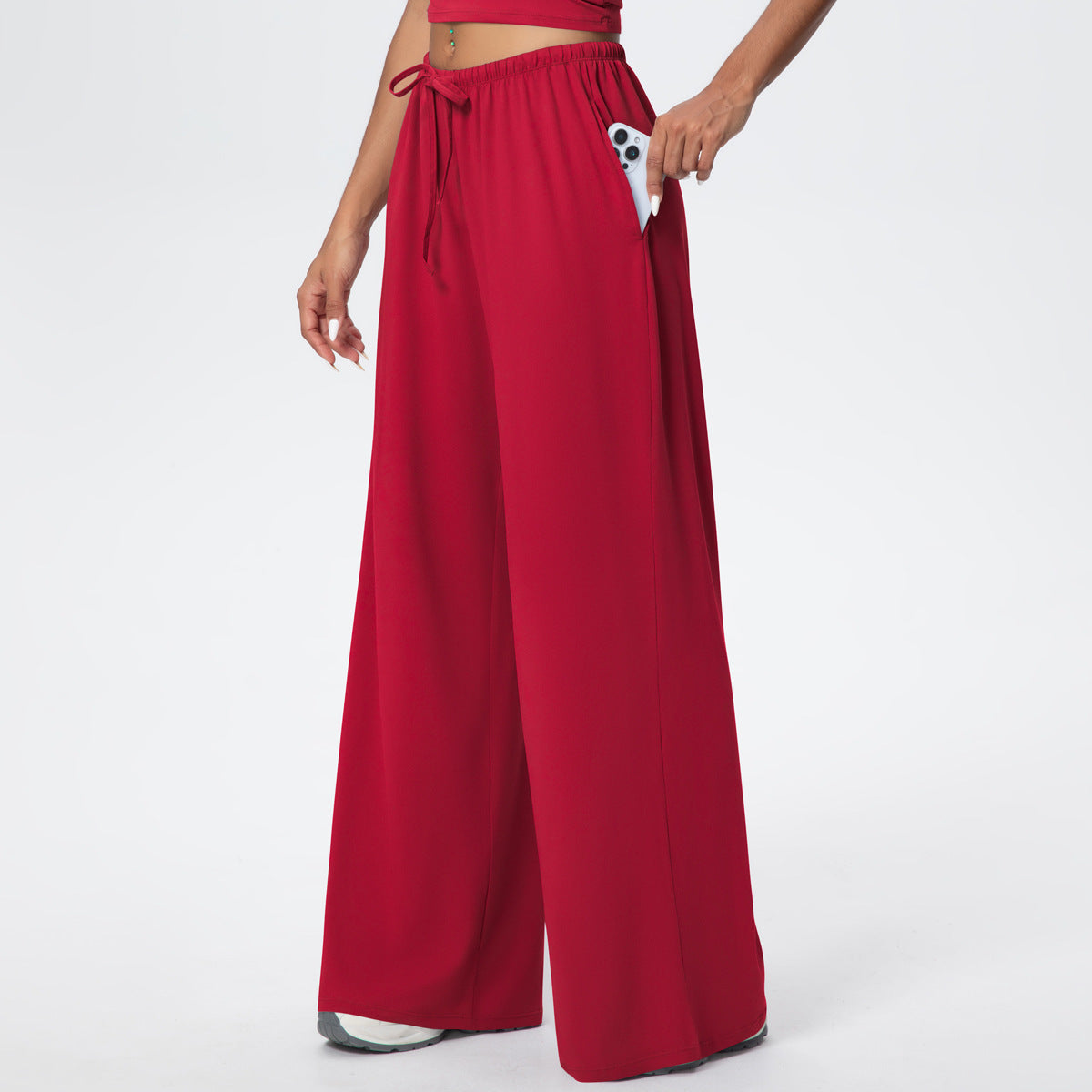 Brushed Trousers Draping Side Pocket Wide Leg Pants Loose Casual Pants Women Sports Fitness Elastic Drawstring Trousers