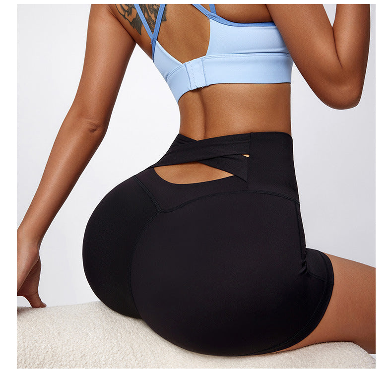 Summer Nude Feel Yoga Shorts High Waist Hip Lift Back Waist Cross Cycling Fitness Exercise Short Shorts