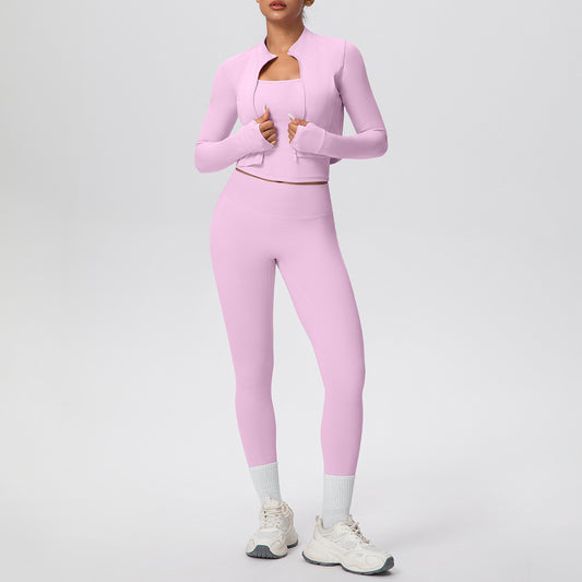 Solid Color Zip Long Sleeve Coat H Shaped Beauty Back Vest Slim Fit Yoga Pants Workout Clothes Yoga Three Piece Set