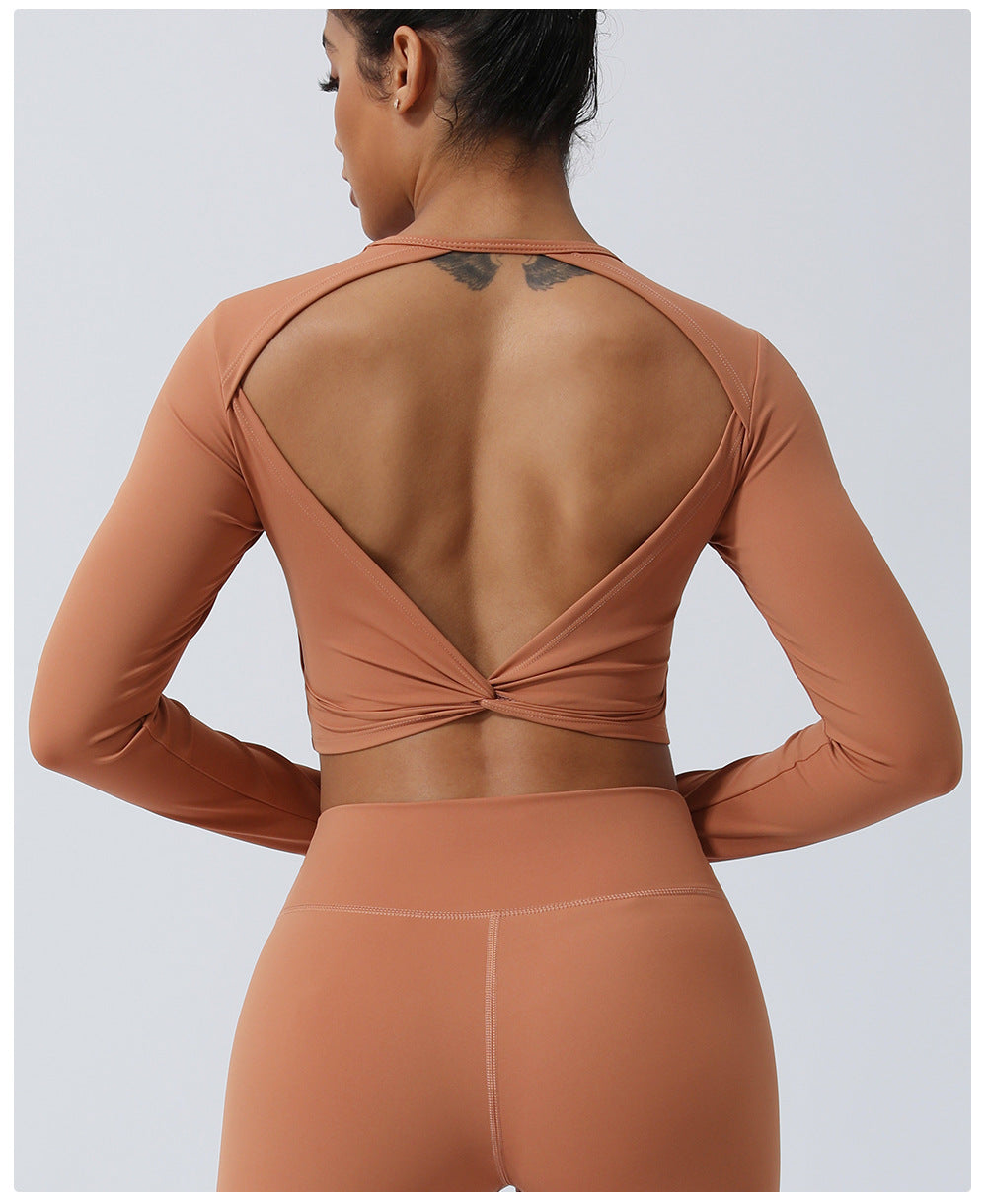 Spring Nude Feel Hollow Out Cutout Out Beauty Back Sports Top Twisted Short Yoga Clothes With Chest Pad Long Sleeve T Shirt Workout Clothes