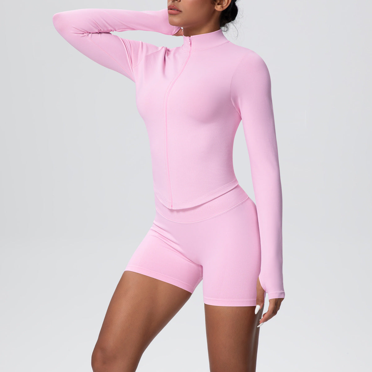 Stand Collar Knitted Long Sleeve Zipper Yoga Jacket Tight Quick Drying Yoga Shorts Fitness Yoga Wear Set for Women
