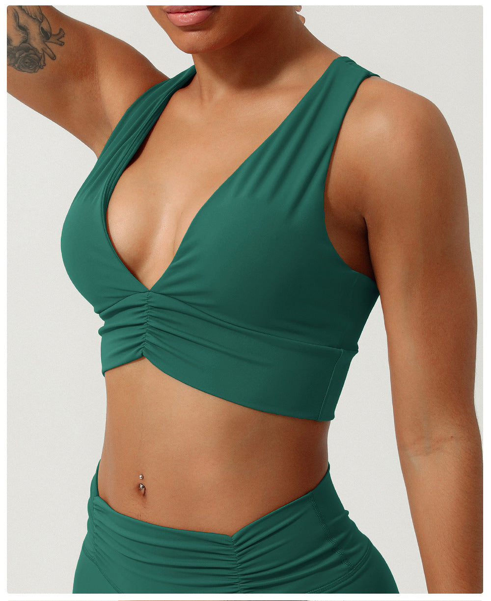 Nude Feel Gathered V neck Yoga Bra Cross Beauty Back Exercise Underwear Shockproof Workout Clothes Underwear Padded