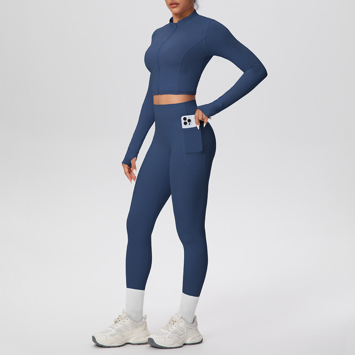 Tight High Waist Nude Feel Thumb Hole Zip Long Sleeve Coat Pocket Yoga Clothes Fitness Hip Lifting Yoga Set