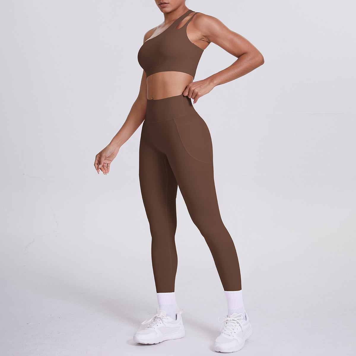 Oblique One Shoulder Beauty Back Yoga Bra Nude Feel Sports Underwear Running Yoga Pants Fitness Pocket Trousers Set