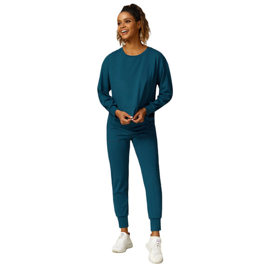 Round Neck Casual Sports Sweater Drawstring Track Sweatpants Double Pocket Outdoor Sports Workout Clothes