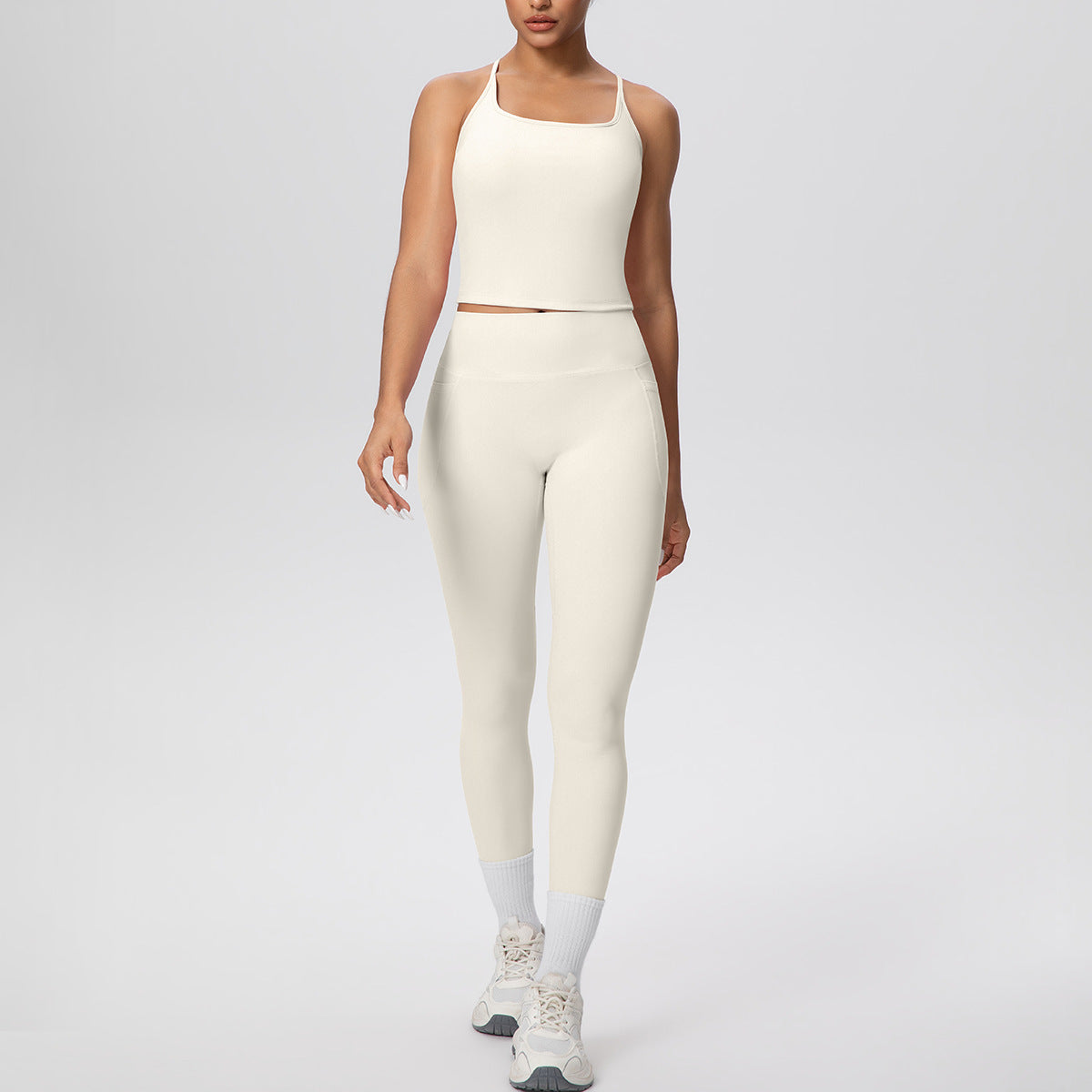 Solid Color Skin Friendly H Shaped Beauty Back Sports Vest Pocket Yoga Pants Leggings Fitness Yoga Wear Set for Women