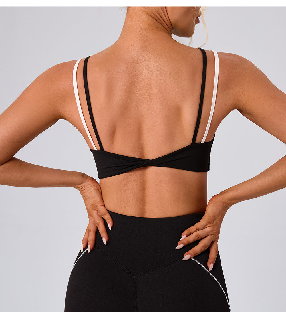 Women Clothing Street Workout Top Sports Faux Two Piece Contrast Color Sling Yoga Bra Vest