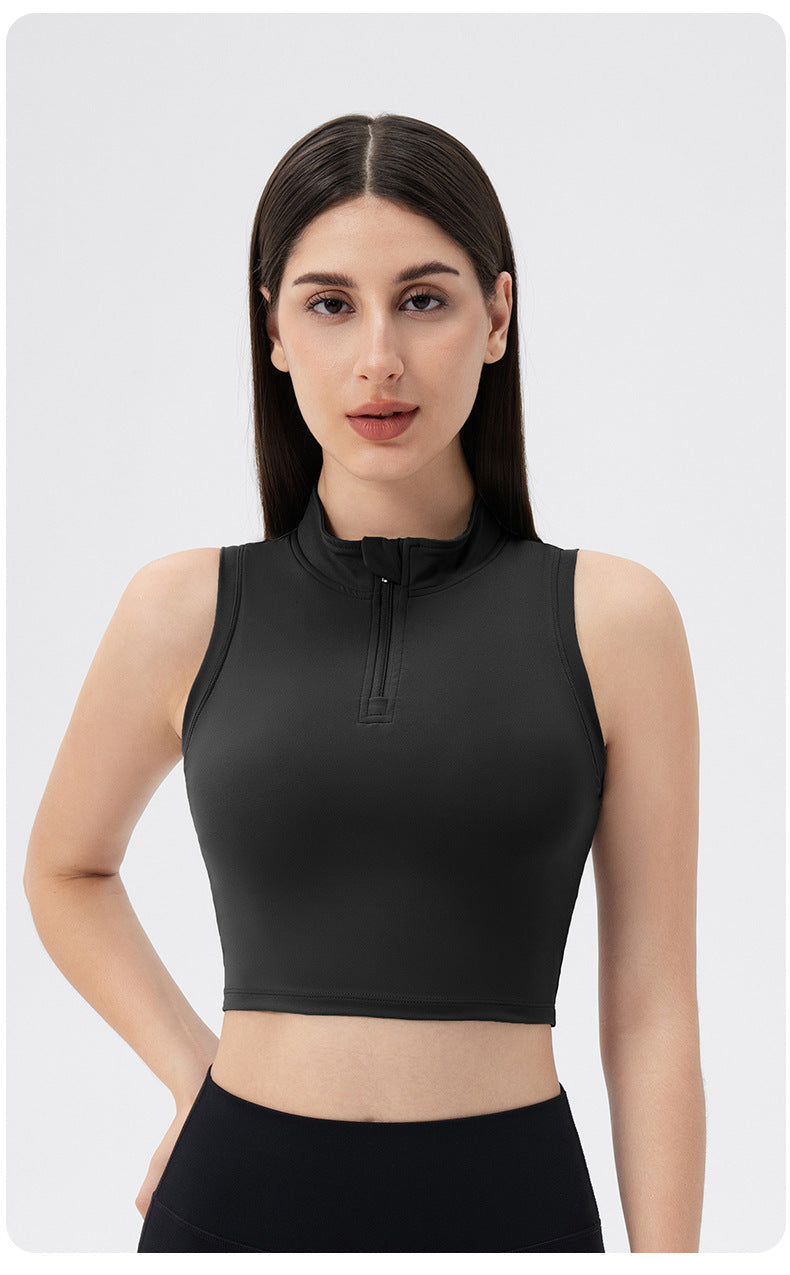 Sleeveless Stand Collar Slimming Yoga Clothes Vest Front Zipper Skinny Exercise Top with Chest Pad Running Workout Vest Women