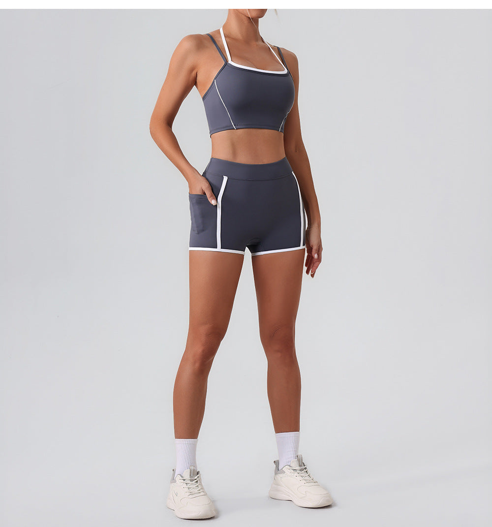 Women Yoga Shorts Pocket Nude Feel High Waist Tight Sports Pants Running Fitness Outer Shorts