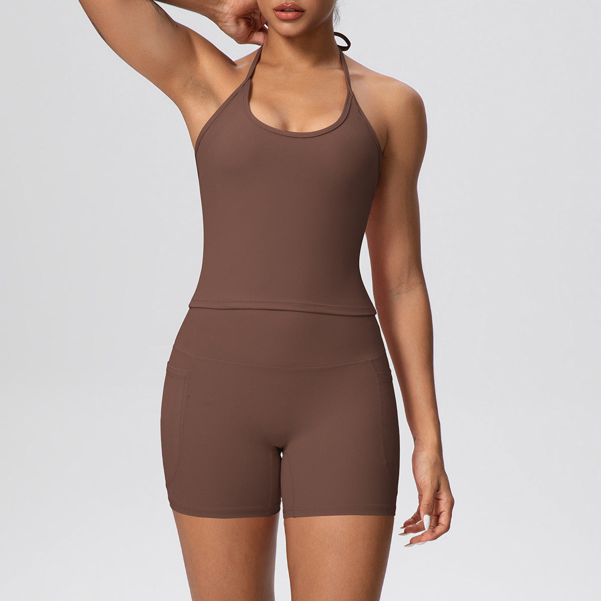Women Cloud Sense Solid Color Lace Strap Beauty Back Yoga Vest Pocket Shorts Sports Slim Fitting Yoga Set