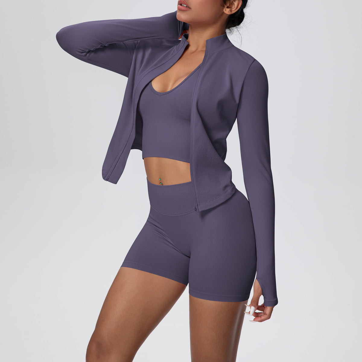 Sports Casual Yoga Clothes Knitted Long Sleeved Zipper Jacket Sports Vest Shorts Fitness Clothes Three Piece Set for Women