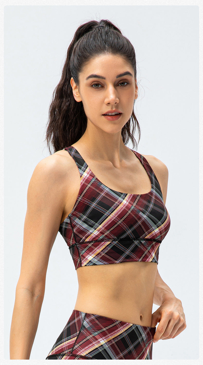 Nude Feel Yoga Sports Bra Houndstooth Shockproof Running Vest with Chest Pad Fitness Bra Plaid Element