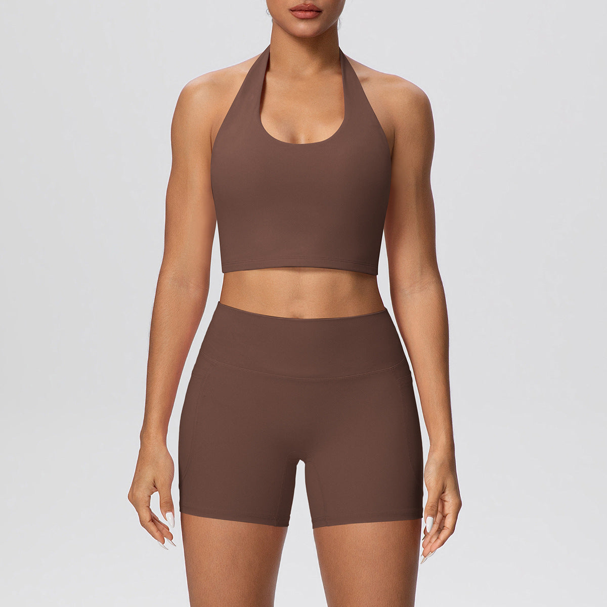 Solid Color Halter Beauty Back Exercise Bra Gathering Vest Pocket Sports Shorts Fitness Pants Yoga Set