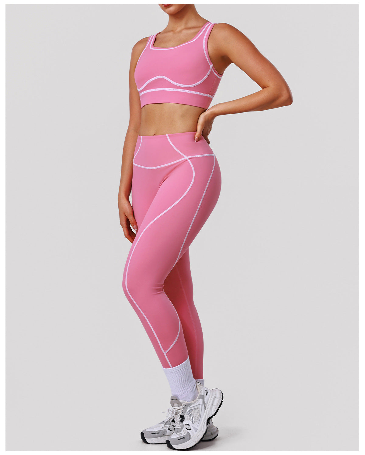 High Strength Nude Feel Contrast Color Yoga Two Piece Sets Sports Training Tights Shockproof Bra Fitness Running Outfit