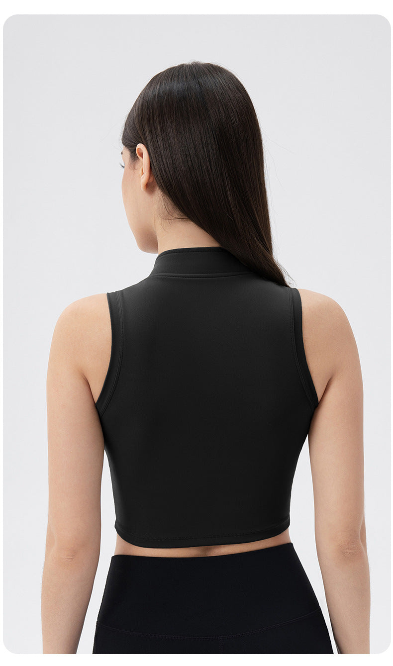 Sleeveless Stand Collar Slimming Yoga Clothes Vest Front Zipper Skinny Exercise Top with Chest Pad Running Workout Vest Women