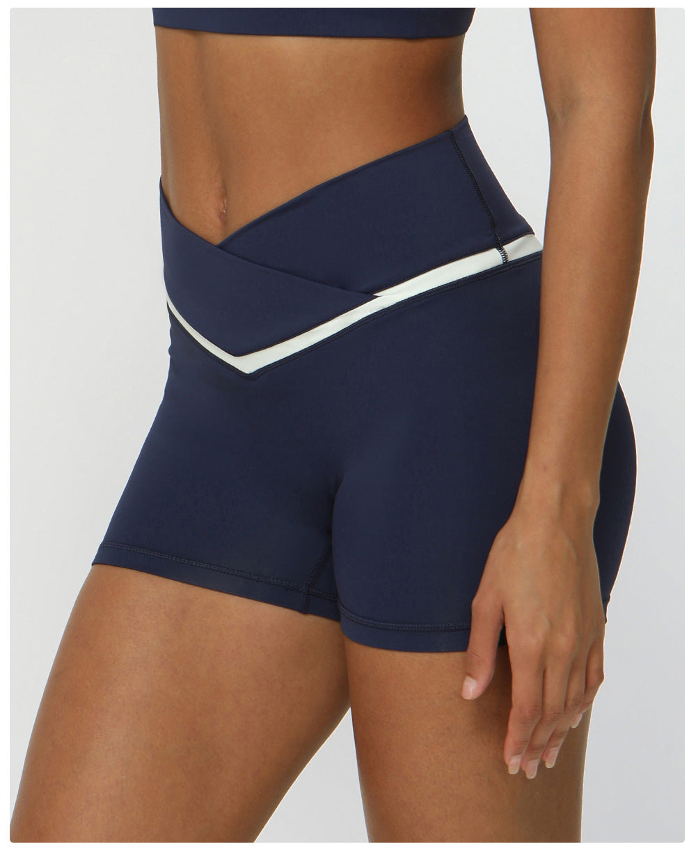 Contrast Color Cross V Waist Sports Shorts Casual Peach Hip Yoga Shorts Skinny Running Fitness Pants