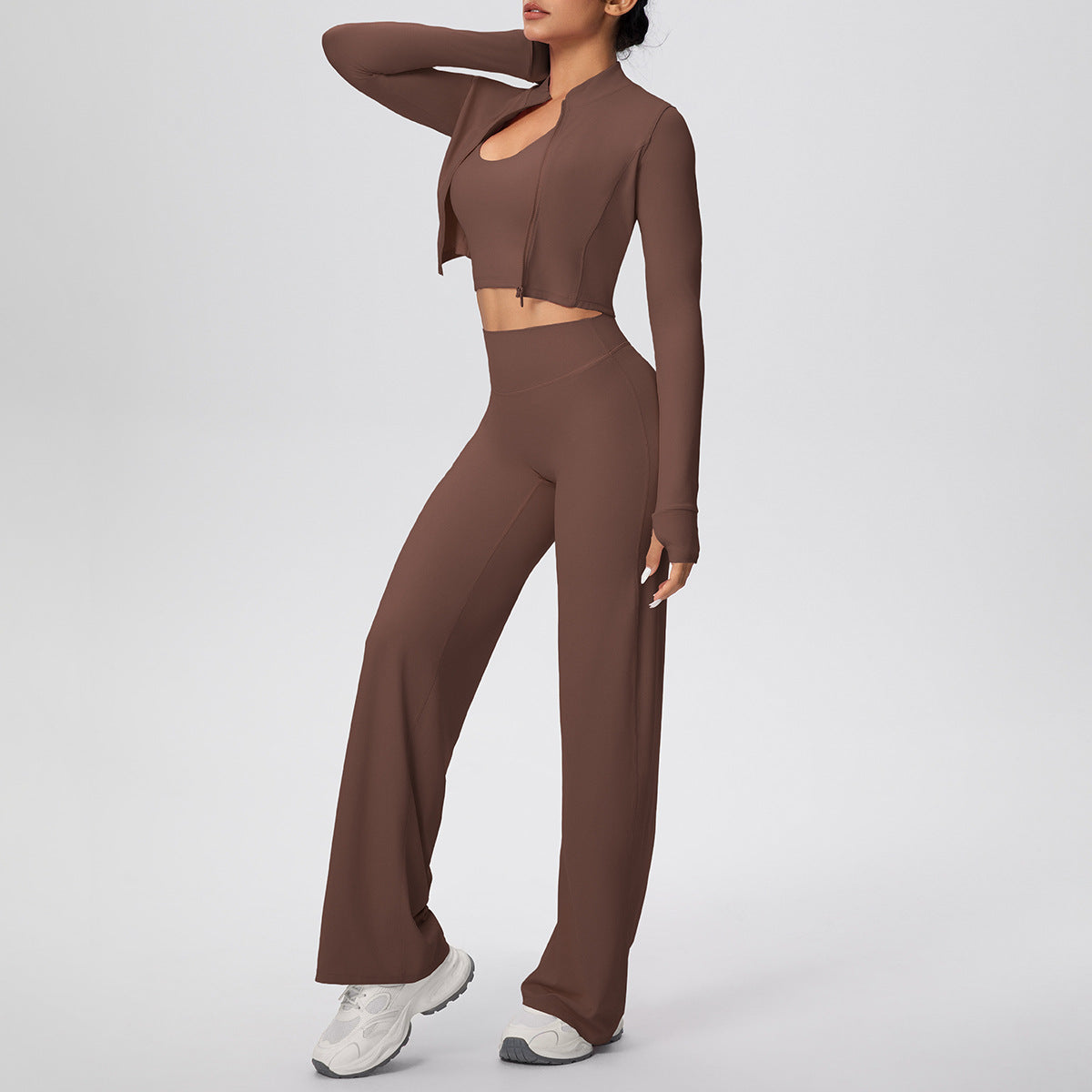 Solid Color Sports Zip Long Sleeve Coat Halterneck Vest Baggy Straight Trousers Workout Clothes Yoga Three Piece Suit
