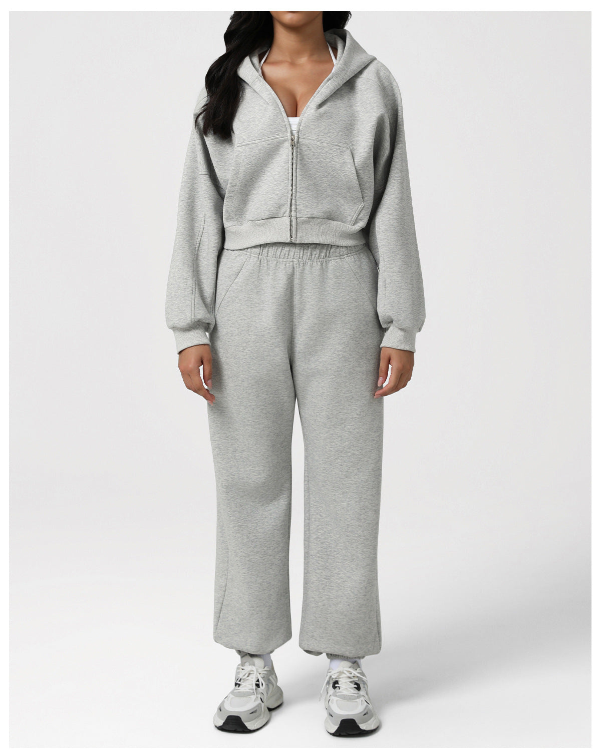 Autumn Winter Loose Slimming Track Sweatpants Women Thickened Hooded Zipper Sweatshirt Coat Casual Two Piece Set