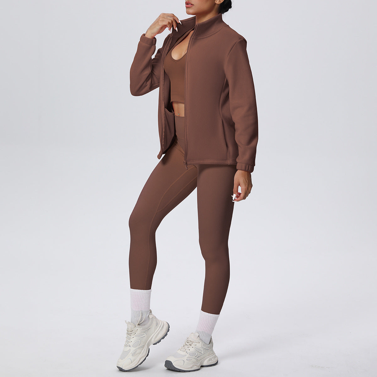 Skinny Yoga Pants High Waist Hip Lift Nude Feel Sports Long Sleeve Zipper Fleece Padded Coat Workout Clothes Yoga Suit