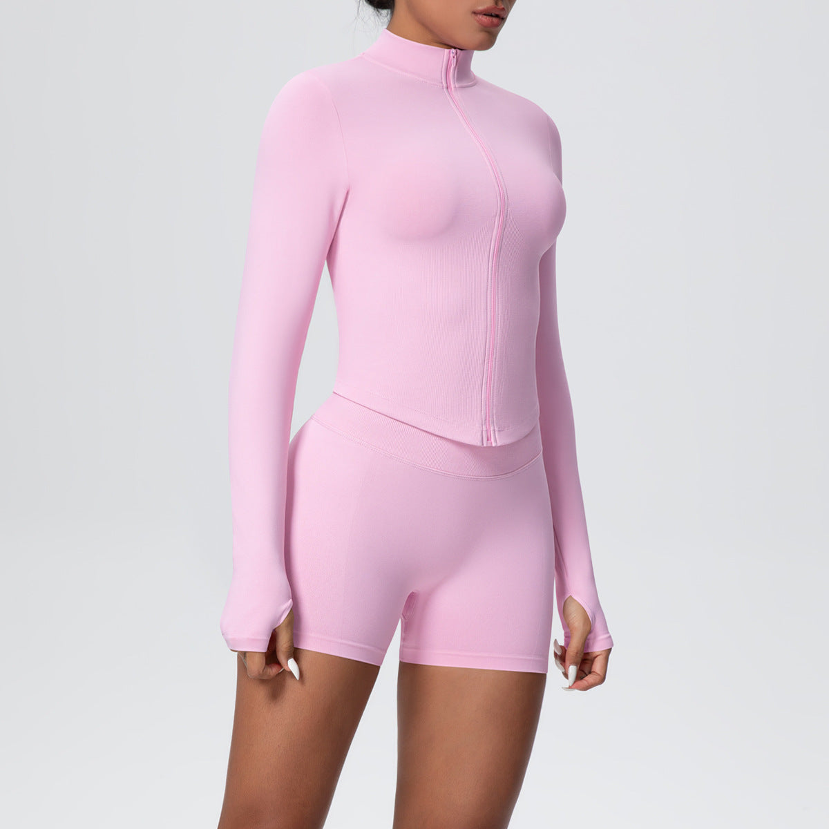 Stand Collar Knitted Long Sleeve Zipper Yoga Jacket Tight Quick Drying Yoga Shorts Fitness Yoga Wear Set for Women