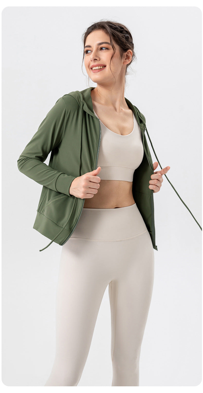 Autumn Yoga Jacket Hooded Slim Fit Workout Clothes High Elastic Breathability Nude Feel Running Exercise Coat