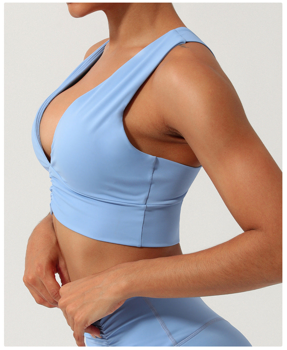 Nude Feel Gathered V neck Yoga Bra Cross Beauty Back Exercise Underwear Shockproof Workout Clothes Underwear Padded