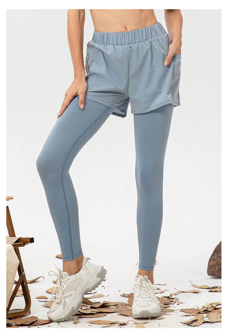 Women Faux Two Piece Yoga Trousers High Waist Hip Lift Fitness Pants Pocket Loose Breathable Running Workout Pants
