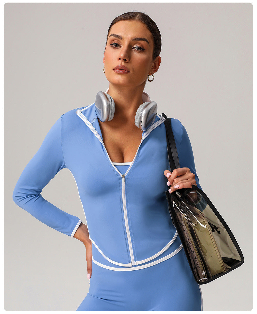 Contrast Color Sports Yoga Jacket Stand Collar Long Sleeve Coat Outdoor Workout Clothes Top