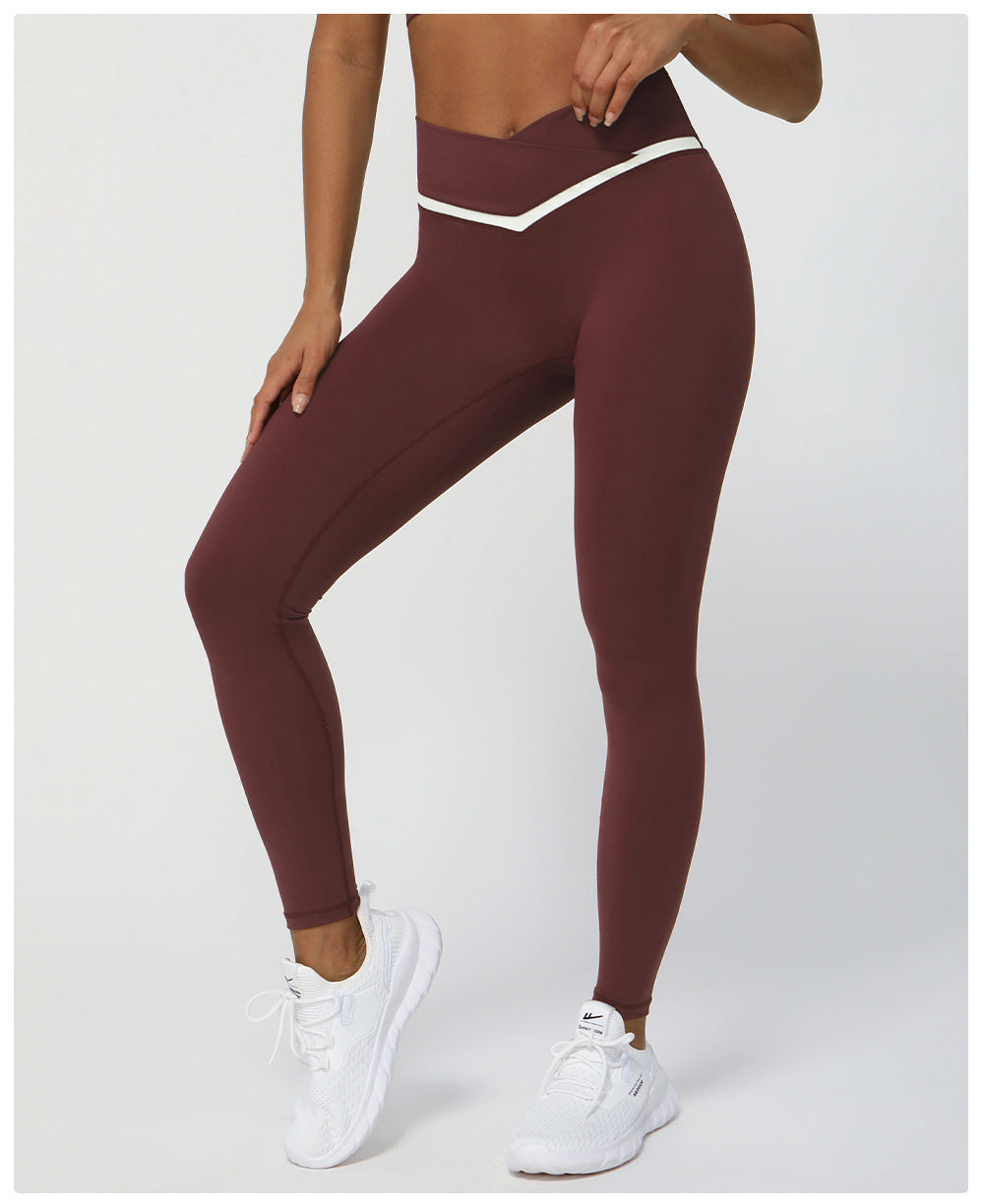 Body Shaping Hip Lifting Yoga Pants Contrast Color Cross V Waist Tight Sports Pants Women Outdoor Running Workout Ankle Length Pants