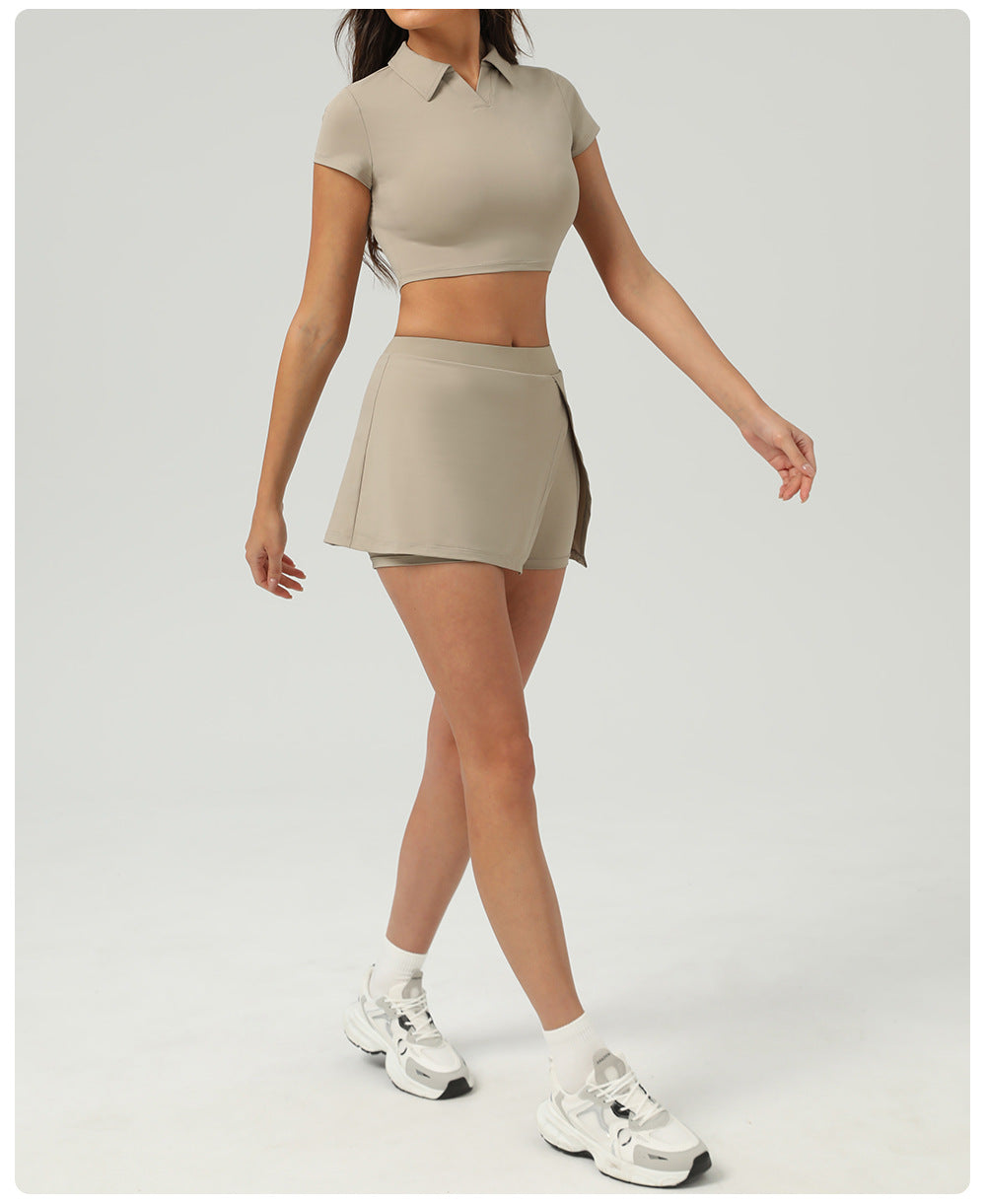 Summer Tennis Skirt Ice Feeling Sun Protection Sports Short Sleeve Top Loose Running Anti Emptied Pantskirt Two Piece Sets