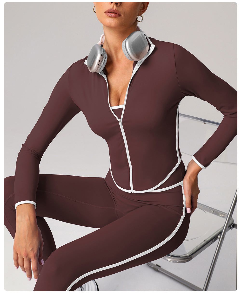 Contrast Color Sports Yoga Jacket Stand Collar Long Sleeve Coat Outdoor Workout Clothes Top
