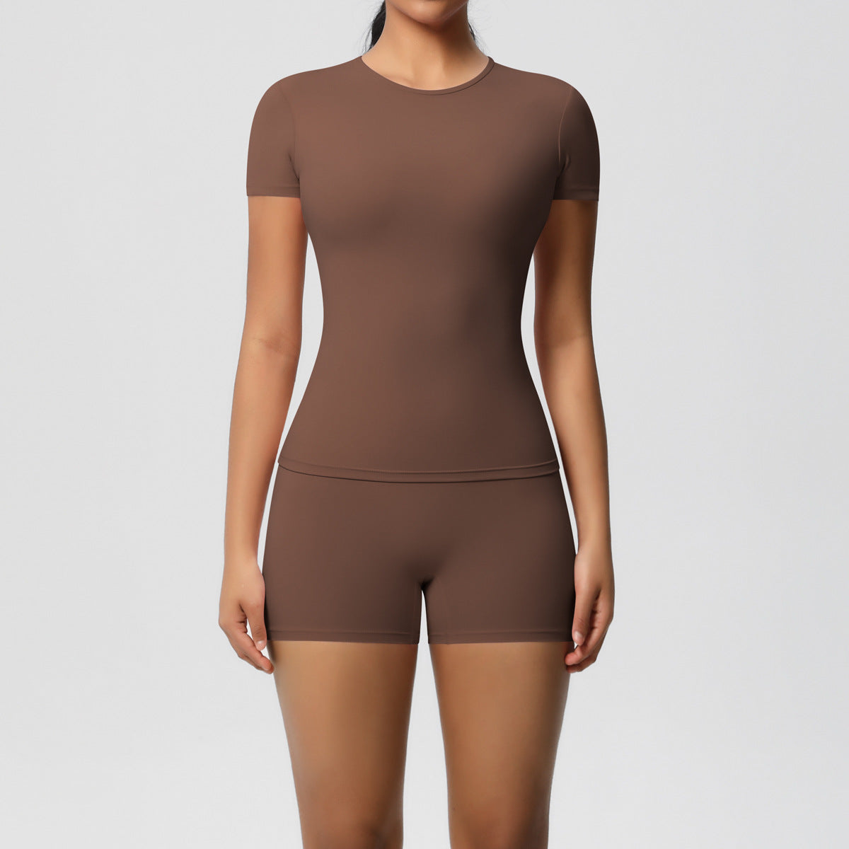 Solid Color Nude Feel Skin Friendly Exercise Yoga Clothes Slim Fit Slimming Stretch T shirt Fitness Shorts Set Women