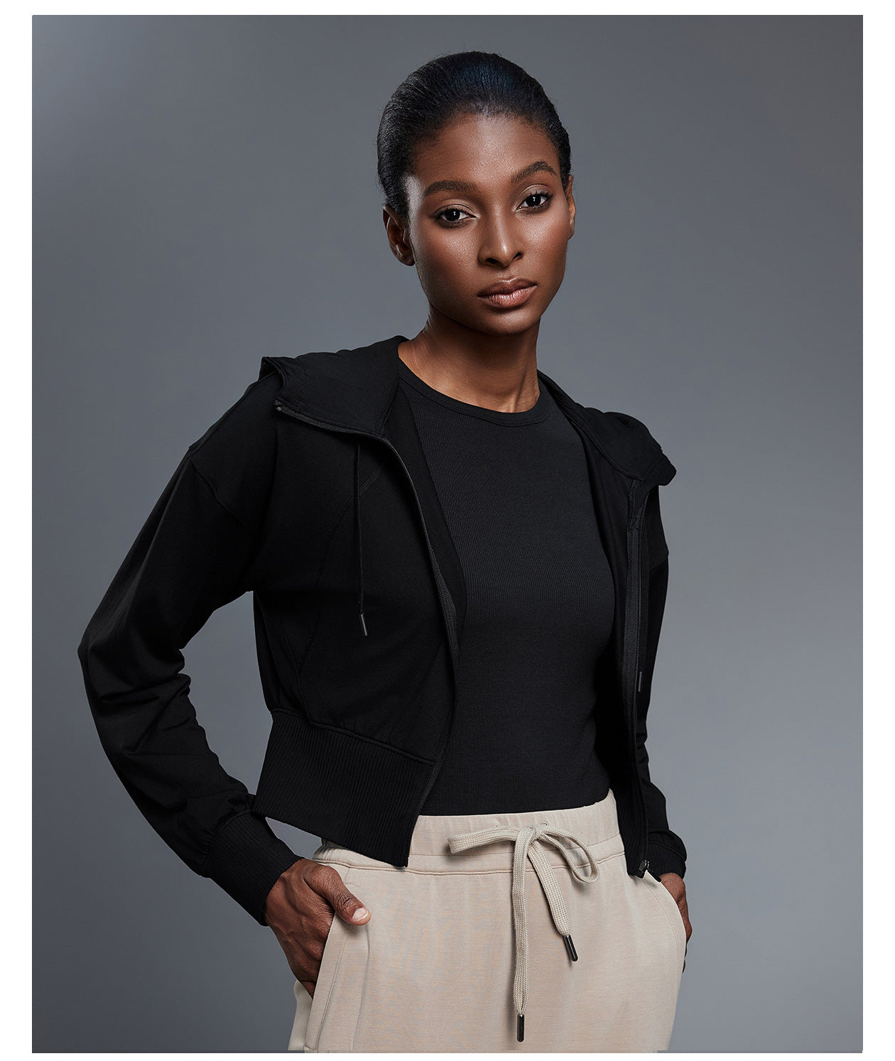 Hooded Sports Jacket Women Short Spring Autumn Waist Cardigan Long Sleeved Top Yoga Workout Clothes Jacket