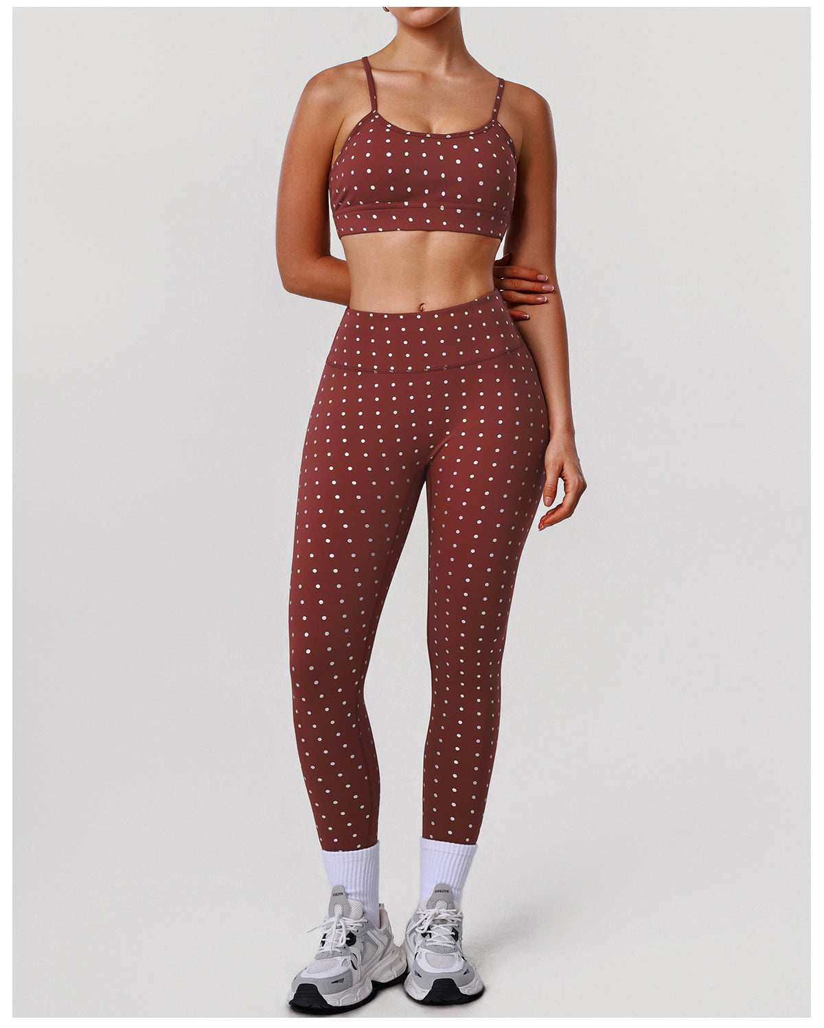 Silver Polka Dot Yoga High Elastic Tights Push up Sports Bra Fitness Two Piece Sets