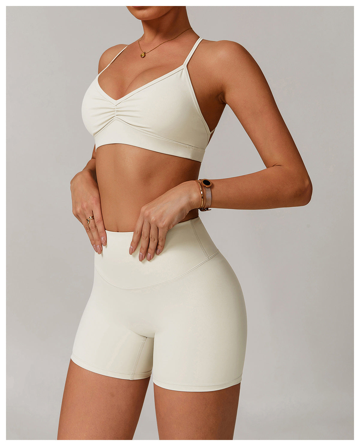 Sollinarry V neck Yoga Bra Cross Back Slimming Pleated Underwear Running Sports Workout Bra