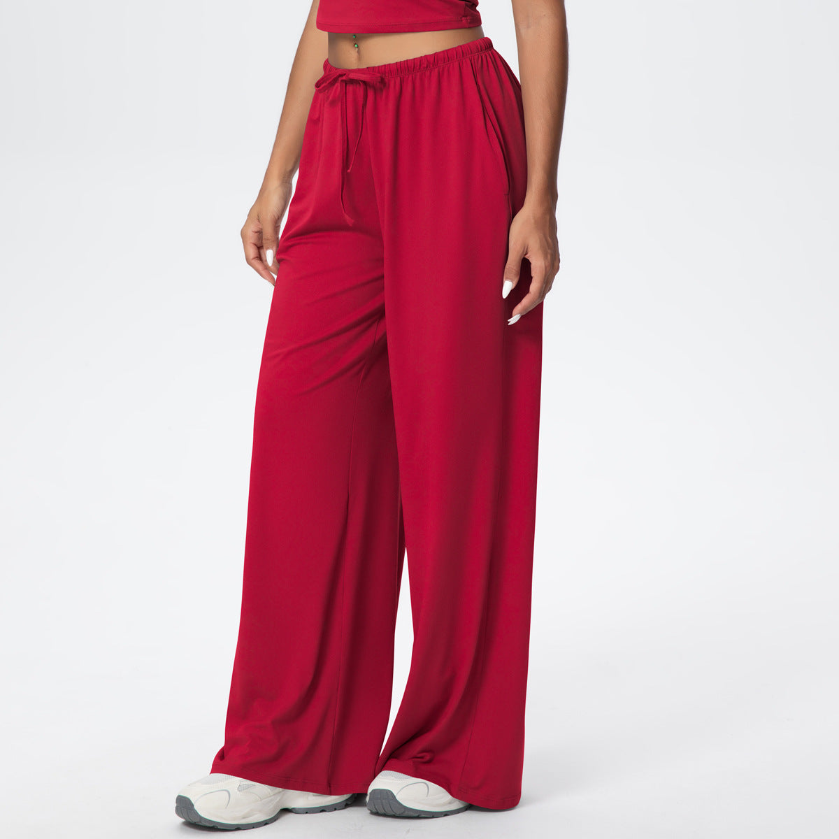 Brushed Trousers Draping Side Pocket Wide Leg Pants Loose Casual Pants Women Sports Fitness Elastic Drawstring Trousers