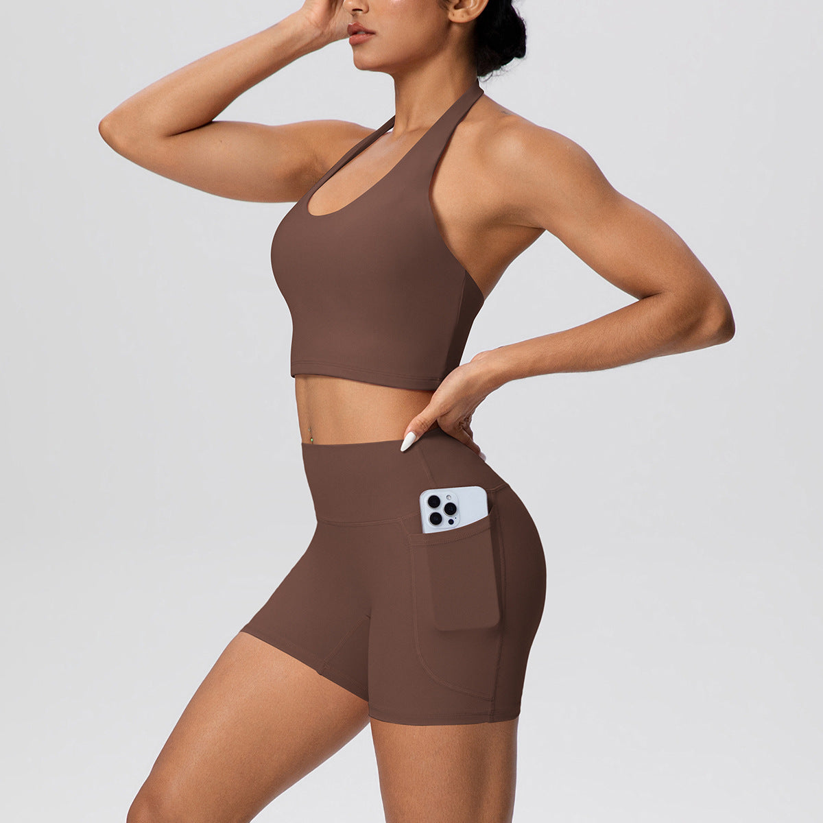 Solid Color Halter Beauty Back Exercise Bra Gathering Vest Pocket Sports Shorts Fitness Pants Yoga Set