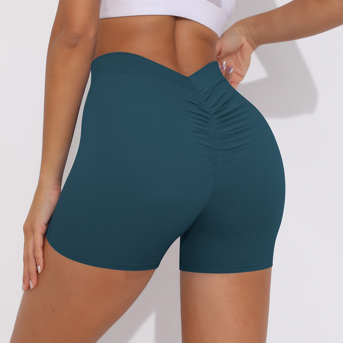 Skin Friendly Peach Hip Pleated Yoga Pants Running Leggings High Waist Stretch Workout Shorts Women