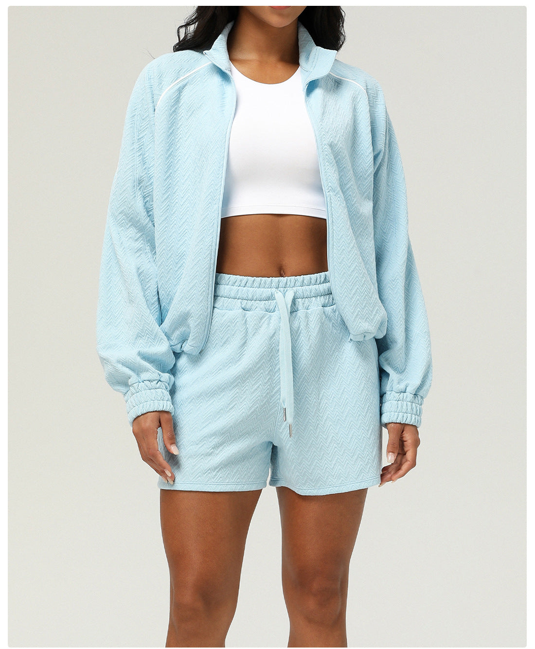 Texture Sports Long Sleeve Coat Shorts Casual Women Yoga Wear Two Piece Sets