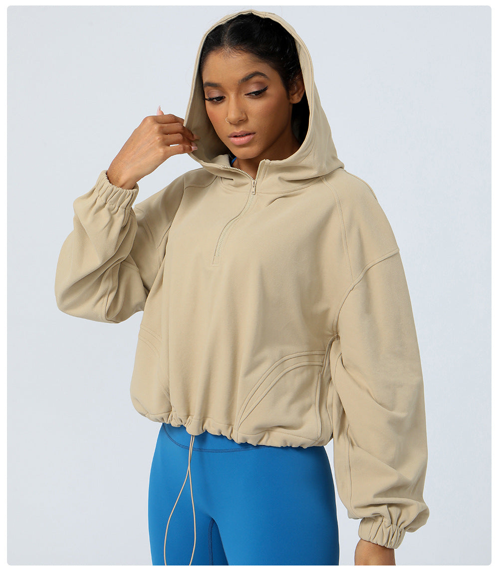 Pullover Hooded Yoga Workout Top Women Outdoor Running Jacket Zipper Loose Long Sleeve Sweatershirt Women