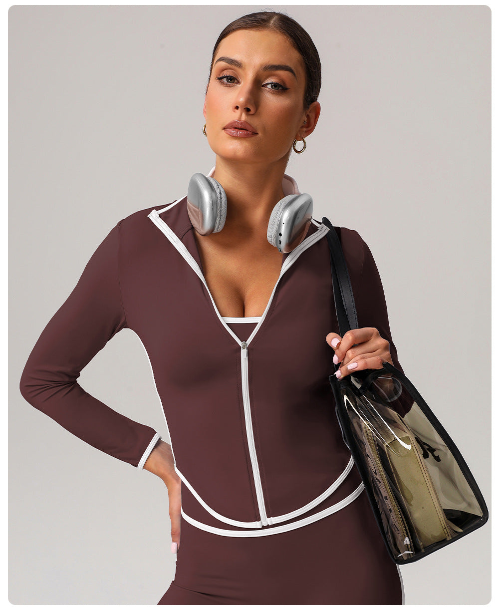 Contrast Color Sports Yoga Jacket Stand Collar Long Sleeve Coat Outdoor Workout Clothes Top