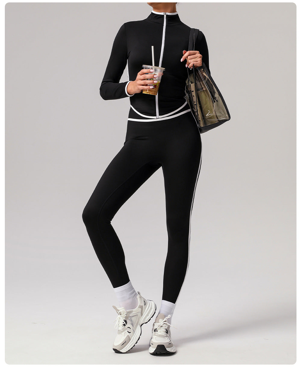 Contrast Color Sports Yoga Jacket Stand Collar Long Sleeve Coat Outdoor Workout Clothes Top