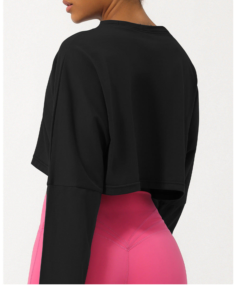 Spring Summer Yoga Clothing Top Round Neck Loose Running Sport Long Sleeve T Shirt Short Breathable Fitness T Shirt Top Women