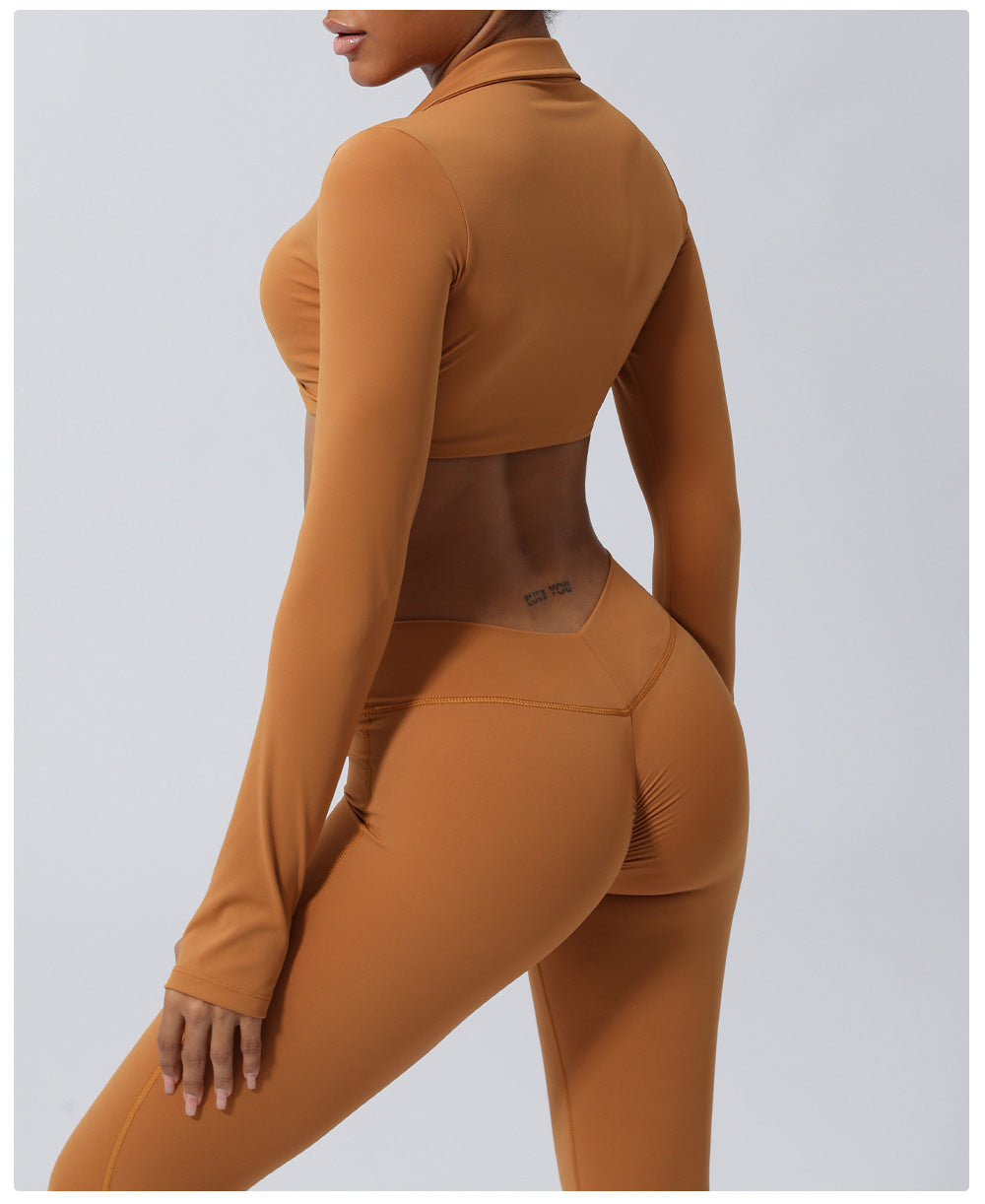 Wrinkle Hip Lifting Yoga Clothes Trousers Nude Feel Quick Drying Fitness Suit Running Sport Long Sleeve T Shirt With Chest Pad