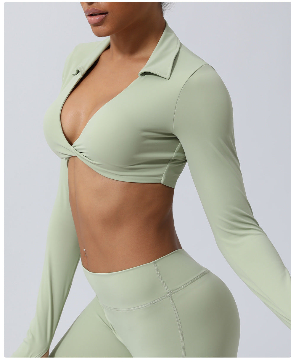 Nude Feel Collared Kinky Sports Top Sexy Cropped Exposed Yoga Clothes with Chest Pad Indoor Training Workout Long Sleeve T shirt