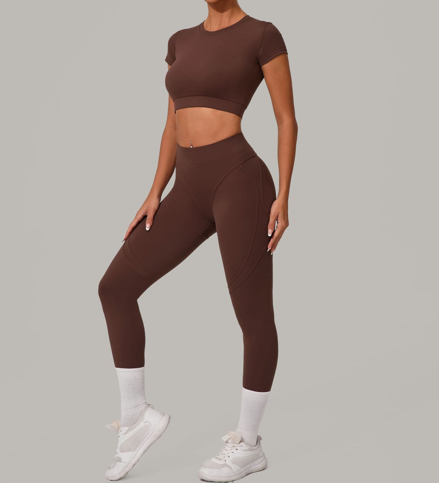 Autumn Sand Brushed Yoga Two Piece Sets Tight High Waist Hip Lifting Yoga Running Exercise Workout Outfit